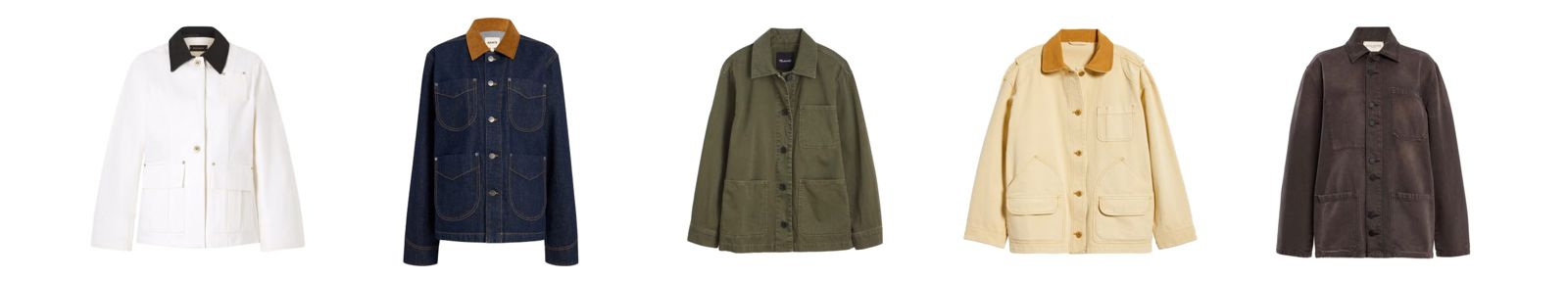 Kiri ke kanan: Wales Bonner Echo Jacket/Khaite Wyatt Corduroy-Collar Denim Jacket/Madewell Classic Chore Jacket/Doen Pascual Barn Jacket/Kallmeyer Jacques Worker Jacket