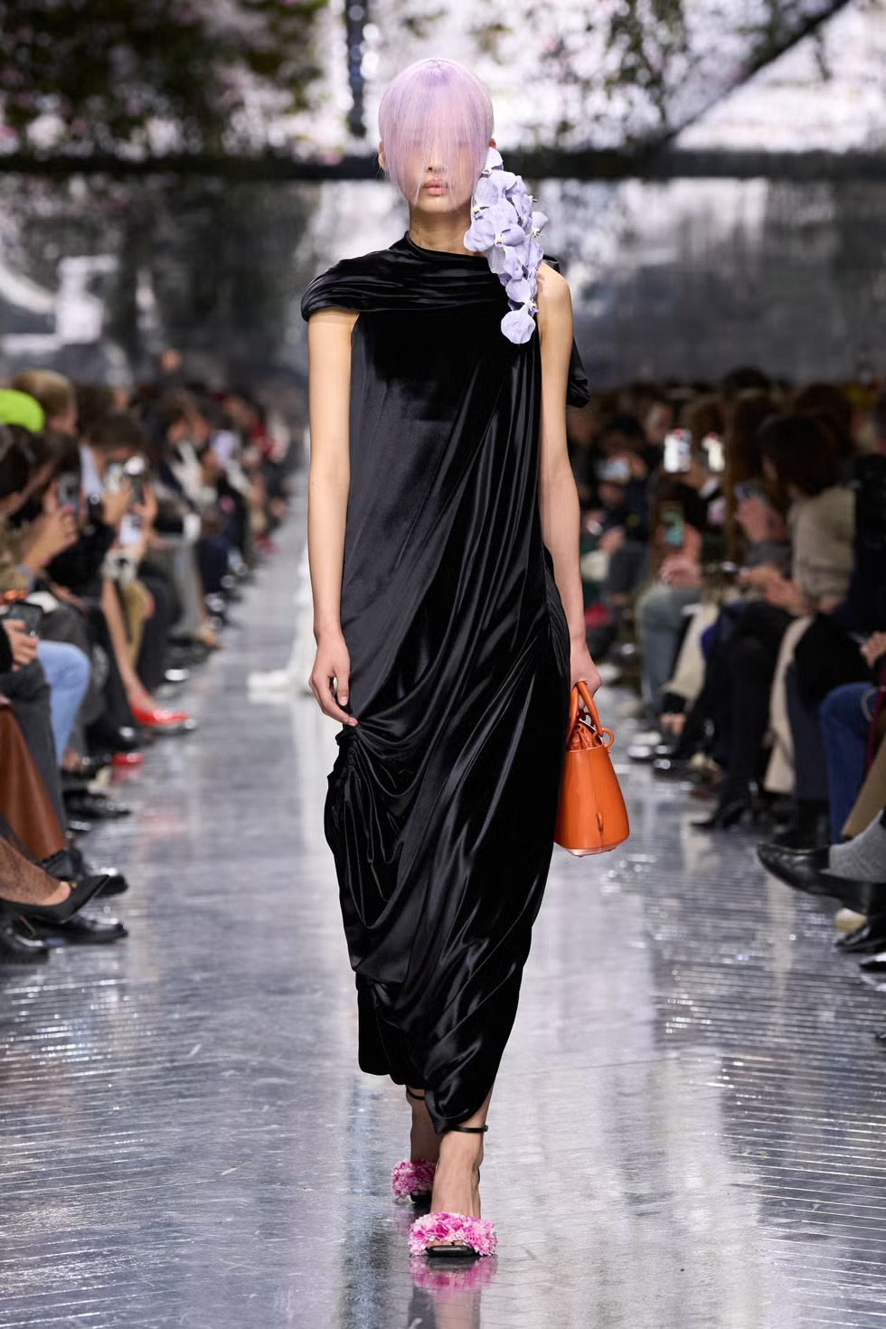 Look 62/63 black velvet drapped dress
