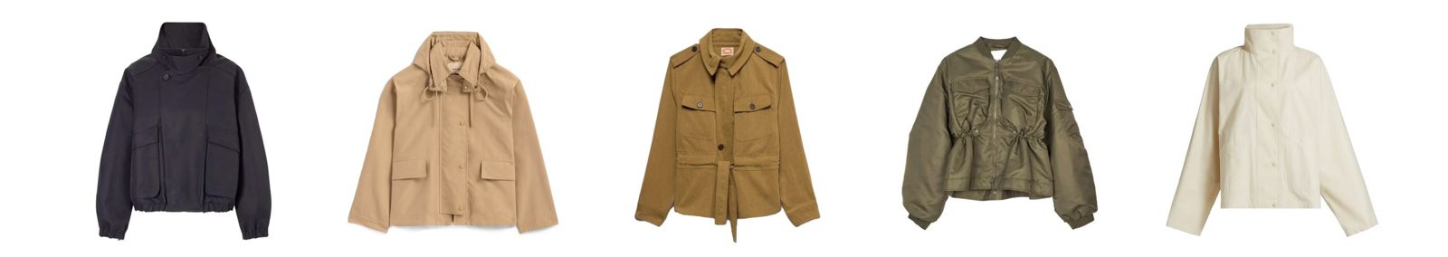 Kiri ke kanan: TWP Hunter Gabardine Jacket/Everlane The Short Anorak/Banana Republic Lightweight Utility Jacket/Cecilie Bahnsen Birdie Jacket/Toteme Stand-Collar Jacket