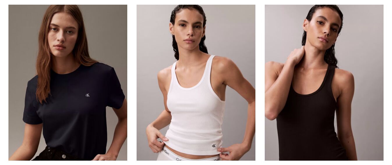 Dari kiri ke kanan: Calvin Klein Archive Logo T-Shirt, Calvin Klein Cotton Contour Rib Tank, Calvin Klein Cotton Contour Rib Tank