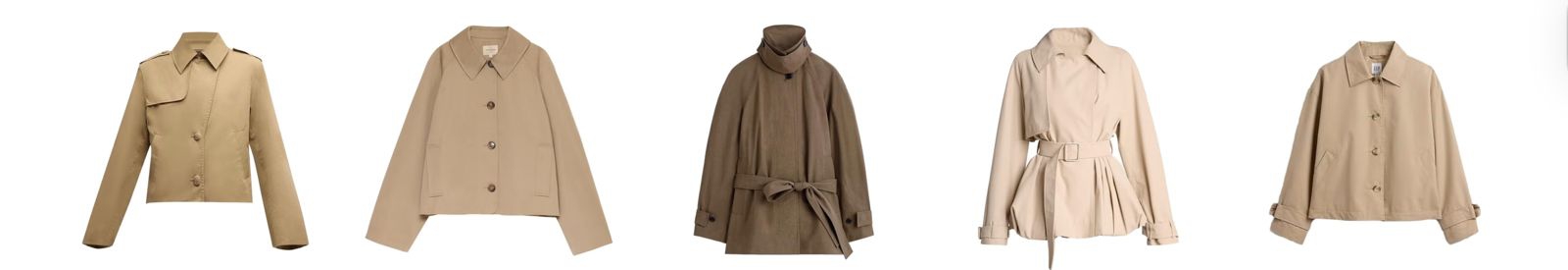 Kiri ke kanan: Frame Short Trench Jacket/Sezane Bobby Jacket/Cos Belted Cotton Short Trench Coat/Loewe Belted Bubble Trench Jacket/Gap Oversized Crop Trench Jacket