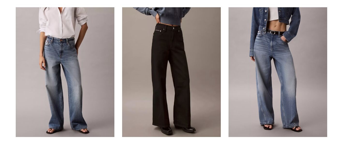 Dari kiri ke kanan: Calvin Klein Low Rise Baggy Jeans, Calvin Klein Ultra High Rise Wide Leg Jeans, Calvin Klein Twisted Seam Low Rise Baggy Jeans