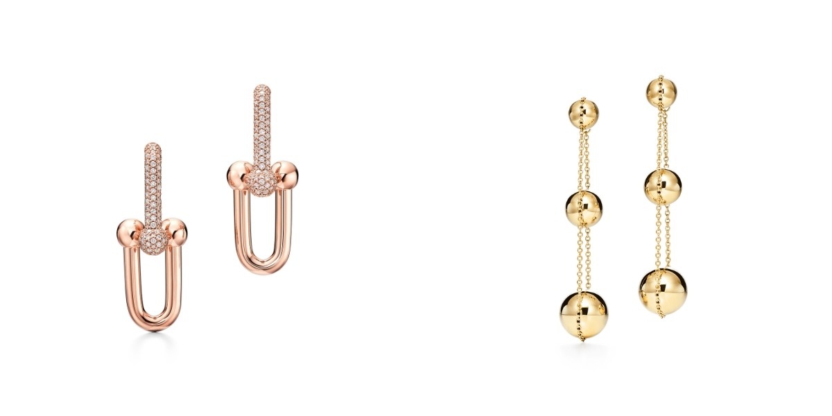Dari kiri ke kanan: Anting link rose gold 18 karat dengan berlian pavé dan anting triple drop emas 18 karat / Foto: Courtesy of Tiffany & Co.