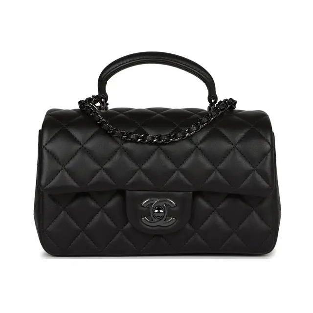Chanel Mini Rectangular Top Handle Flap Bag Lambskin Black Hardware