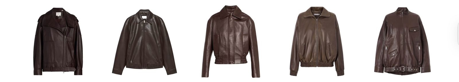 Kiri ke kanan: Vince Oversized Leather Biker Jacket/Aritzia Falcon Jacket/A.L.C. Otto Leather Bomber Jacket/Acne Studios Leather Bomber Jacket/Tibi Belted Leather Bomber Jacket