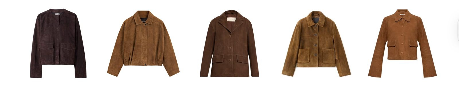 Kiri ke kanan: St. Agni Utility Cocoon Suede Jacket/Massimo Dutti Short Suede Leather Jacket/Officine Generale Kataline Goat Suede Jacket/Mango Laura Crop Suede Jacket/By Malene Birger Annie Flap-Pocket Jacket