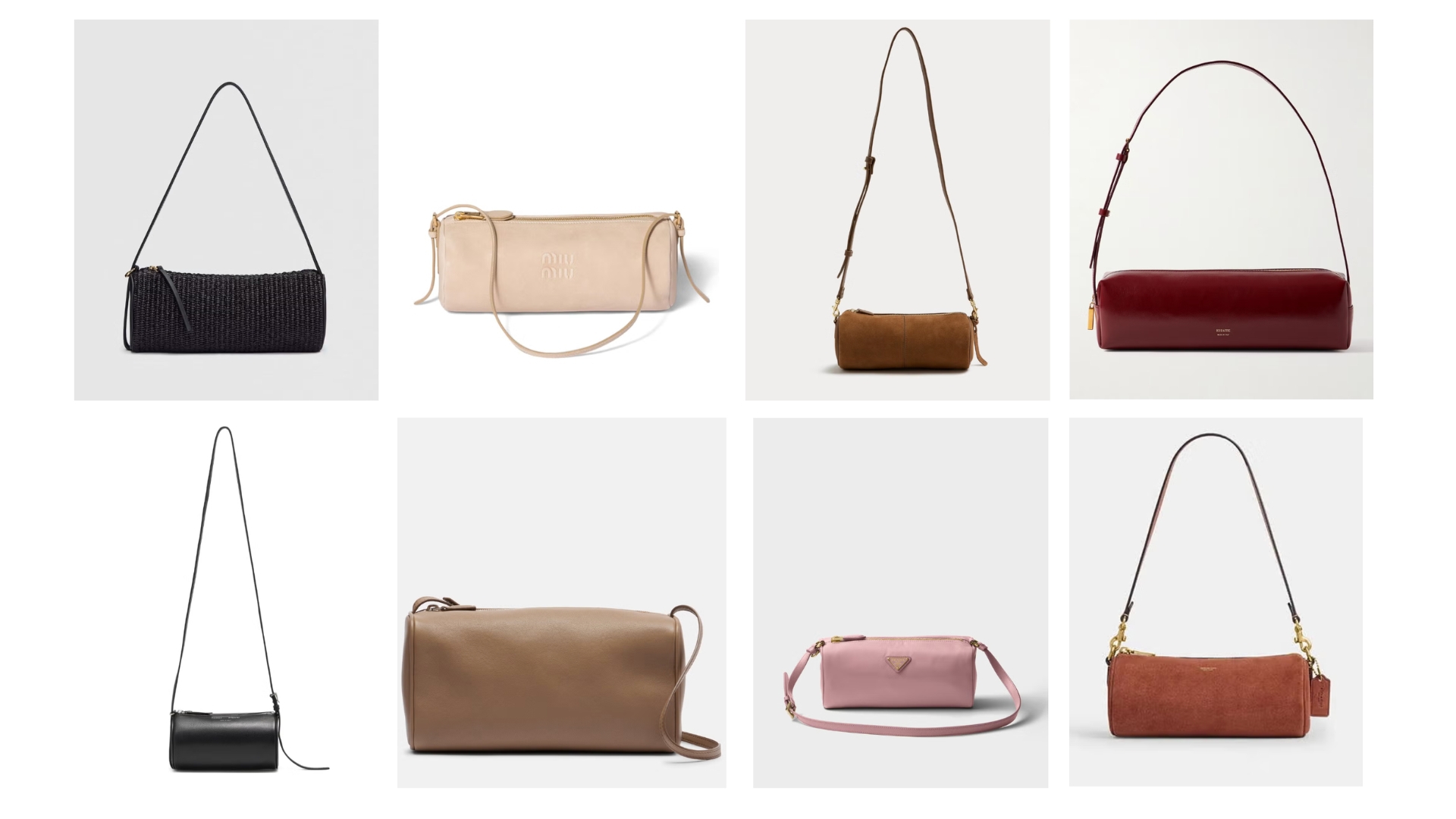 Reformation Simona Cylinder Bag, Miu Miu Leather Logo Pouch, M&S Suede Crossbody Bag, Khaite Kye Glossed-Leather Shoulder Bag, Proenza Schouler Silo Crossbody Bag, The Row '90s Leather Shoulder Bag, Prada Re-Nylon pouch, Coach Barrel Bag