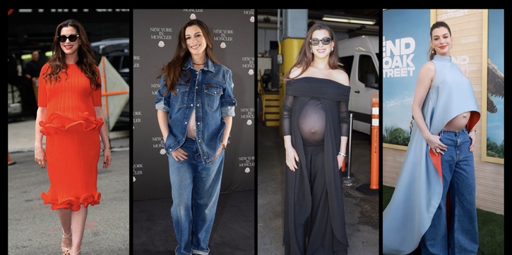 Gaya Maternity Anne Hathaway Dipenuhi Romansa dan Warna Primer