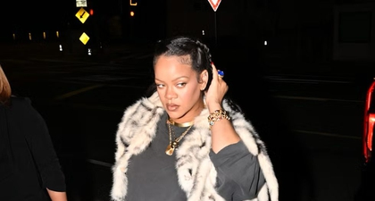 Rihanna Tampil Eksentrik untuk Makan Malam dengan Syal Bulu Tebal dan Motif Animal Print