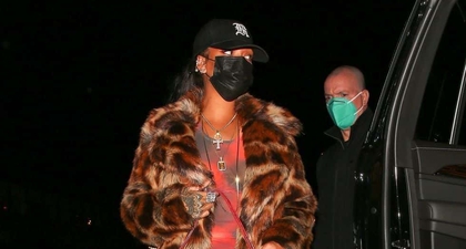 Rihanna Mengenakan Mantel dengan Motif Leopard, Gaun Berbahan Tipis, dan Topi Baseball di Santa Monica