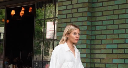 Gaya Kasual Sienna Miller Bisa Anda Tiru: Kemeja Putih dan Celana Pendek, Sembari Menjinjing Tas Gucci Diana
