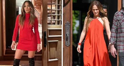 J.Lo Kenakan Dua Gaun Seksi Berwarna Merah Berbeda Hanya dalam Rentang Waktu 24 Jam